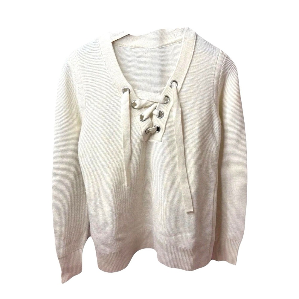 Banana Republic Women's S‎ Cream Lace-Up Sweater Long Sleeve Pullover Knit Top